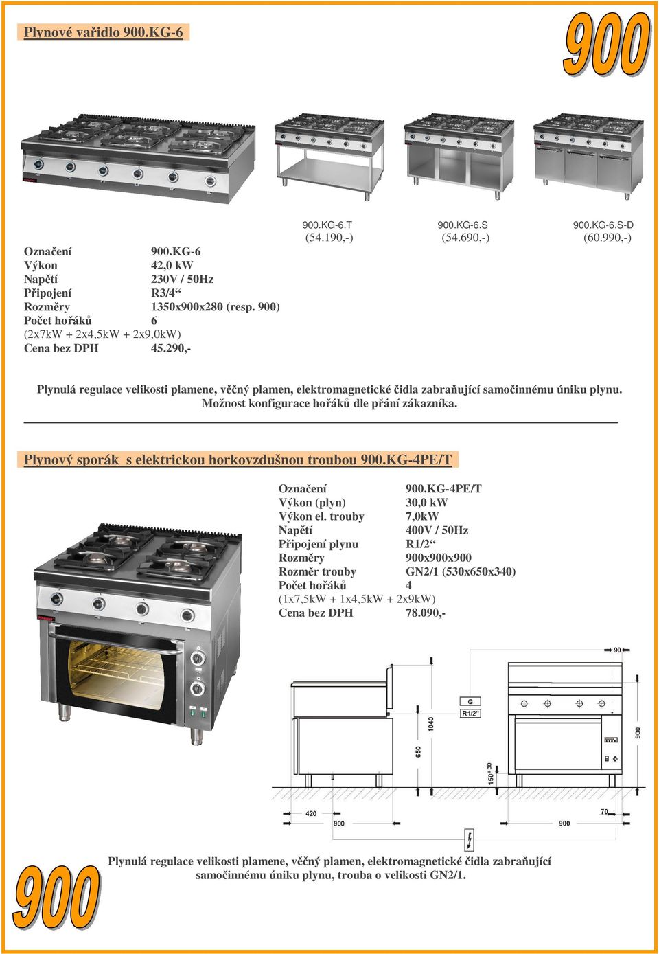 Možnost konfigurace hořáků dle přání zákazníka. Plynový sporák s elektrickou horkovzdušnou troubou 900.KG-4PE/T 900.KG-4PE/T (plyn) 30,0 kw el.