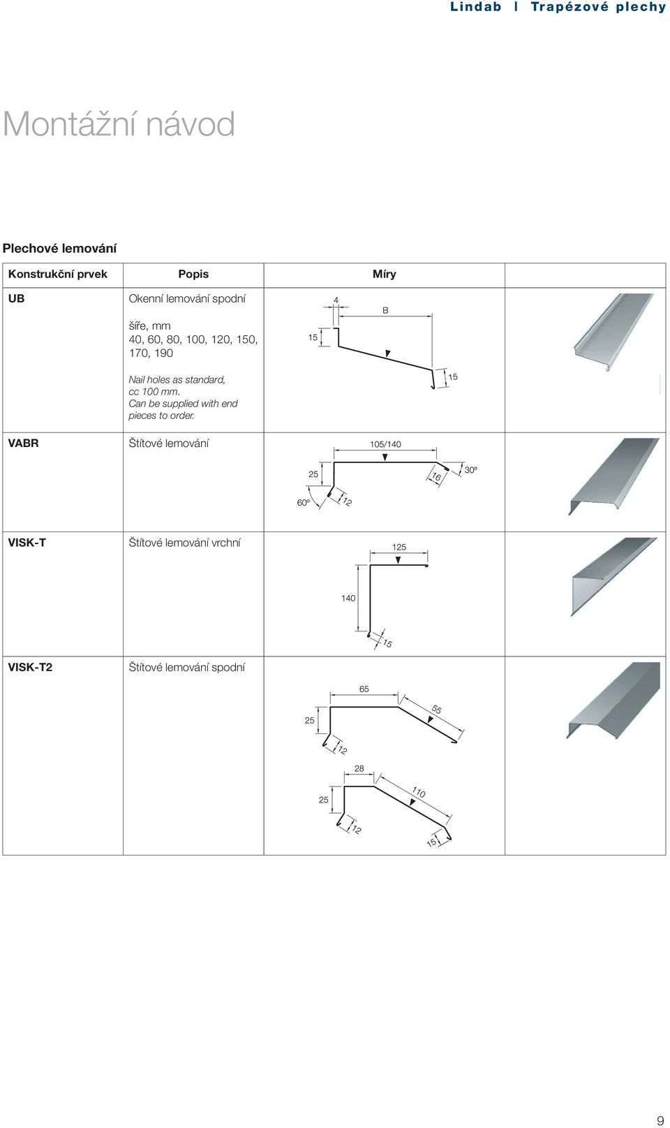 as standard, cc 100 mm. Can be supplied with end pieces to order.