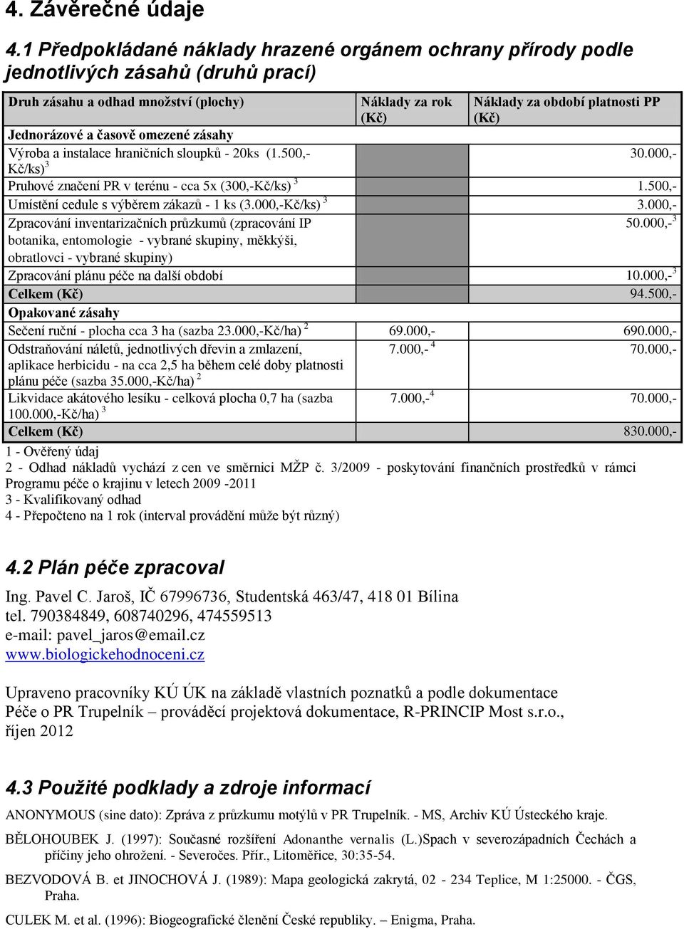 Jednorázové a časově omezené zásahy Výroba a instalace hraničních sloupků - 20ks (1.500,- 30.000,- Kč/ks) 3 Pruhové značení PR v terénu - cca 5x (300,-Kč/ks) 3 1.