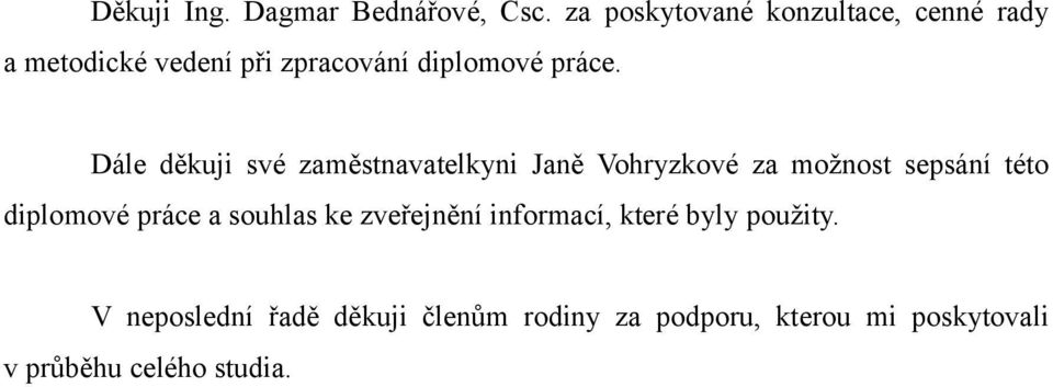 Dále děkuji své zaměstnavatelkyni Janě Vohryzkové za možnost sepsání této diplomové práce a