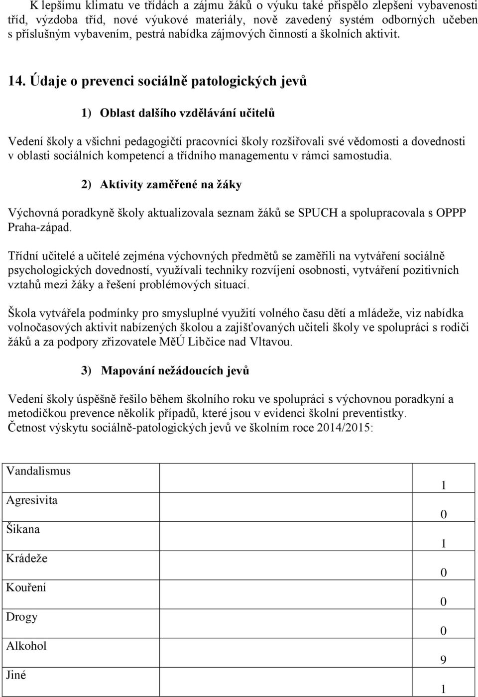 Údaje o prevenci sociálně patologických jevů 1) Oblast dalšího vzdělávání učitelů Vedení školy a všichni pedagogičtí pracovníci školy rozšiřovali své vědomosti a dovednosti v oblasti sociálních