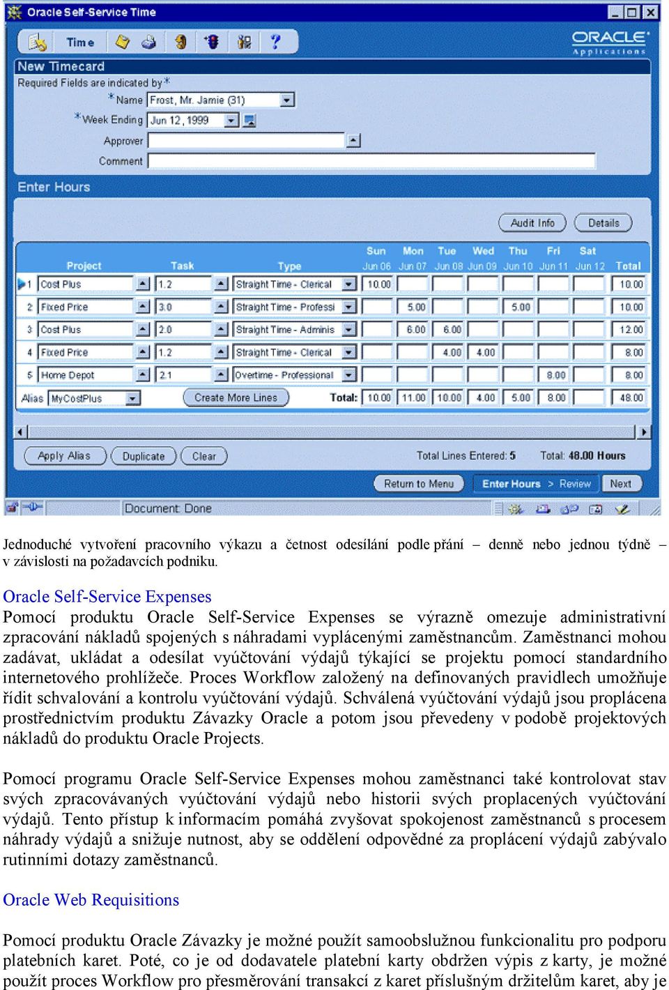 Zaměstnanci mohou zadávat, ukládat a odesílat vyúčtování výdajů týkající se projektu pomocí standardního internetového prohlížeče.