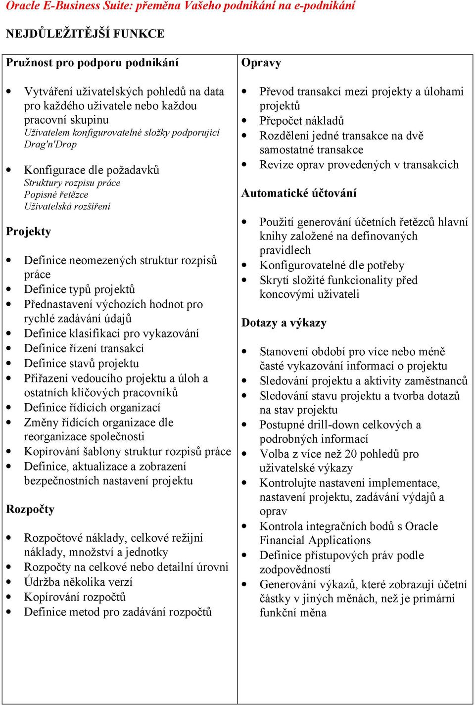 struktur rozpisů práce Definice typů projektů Přednastavení výchozích hodnot pro rychlé zadávání údajů Definice klasifikací pro vykazování Definice řízení transakcí Definice stavů projektu Přiřazení