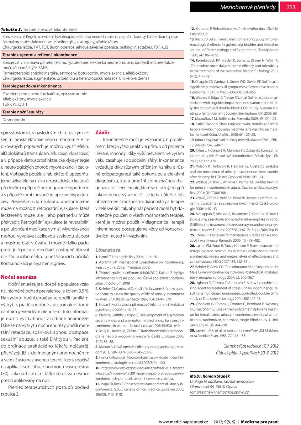 alfablokátory Chirurgická léčba: TVT, TOT, Burch operace, jehlové závěsné operace, bulking injectables, TBT, AUS Terapie urgentní a reflexní inkontinence Konzervativní: úprava pitného režimu,