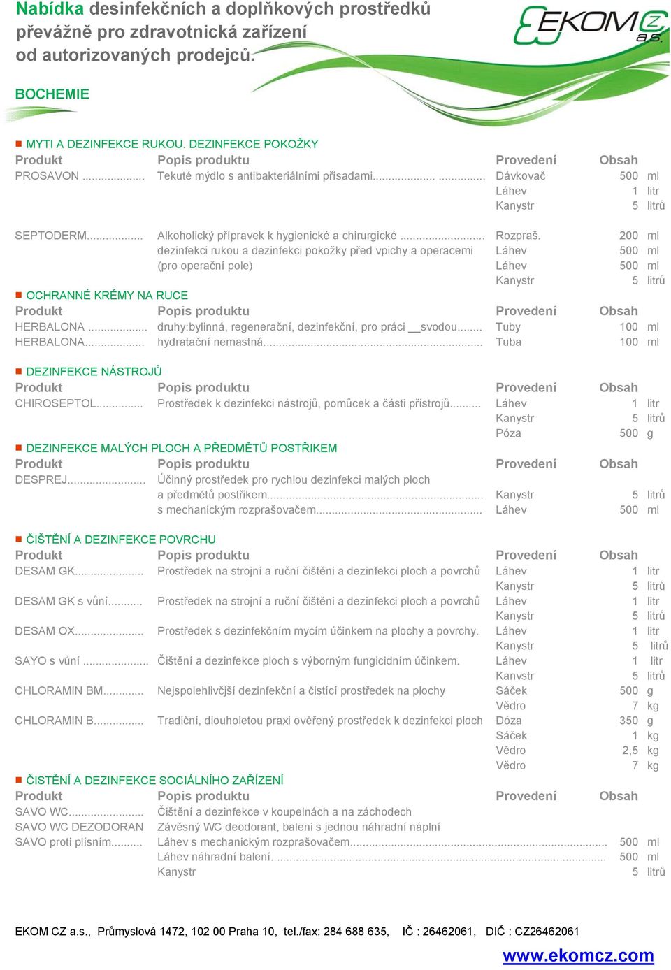 200 ml dezinfekci rukou a dezinfekci pokožky před vpichy a operacemi 500 ml (pro operační pole) 500 ml OCHRANNÉ KRÉMY NA RUCE HERBALONA... druhy:bylinná, regenerační, dezinfekční, pro práci svodou.