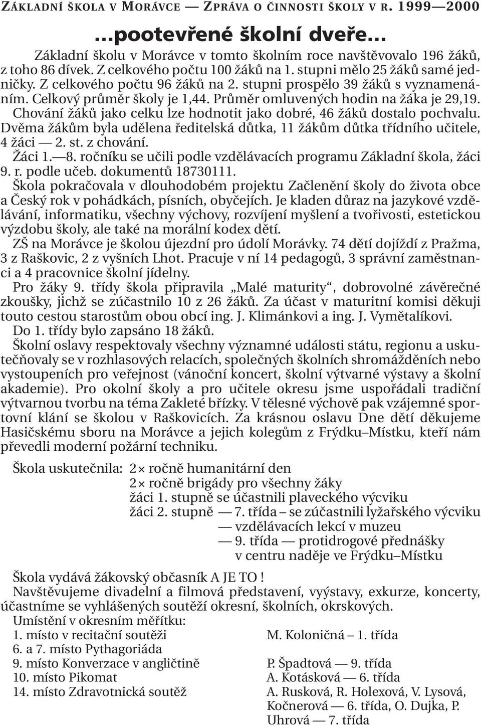 Průměr omluvených hodin na žáka je 29,19. Chování žáků jako celku lze hodnotit jako dobré, 46 žáků dostalo pochvalu.