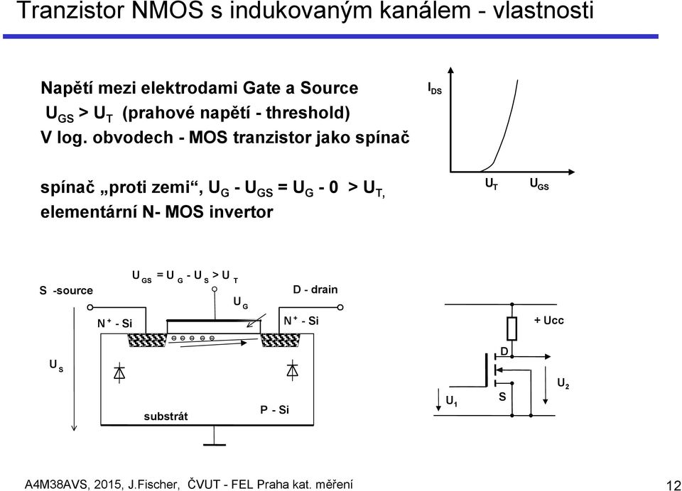 obvodech - MOS tranzistor jako spínač I DS spínač proti zemi, U G - U GS = U G - 0 > U T, elementární N-