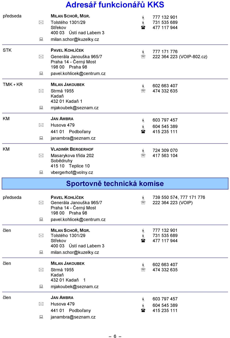 cz TMK + KR MILAN JAKOUBEK 602 663 407 Strmá 1955 474 332 635 Kadaň 432 01 Kadaň 1 mjakoubek@seznam.cz KM JAN AMBRA 603 797 457 Husova 479 604 545 389 441 01 Podbořany 415 235 111 janambra@seznam.