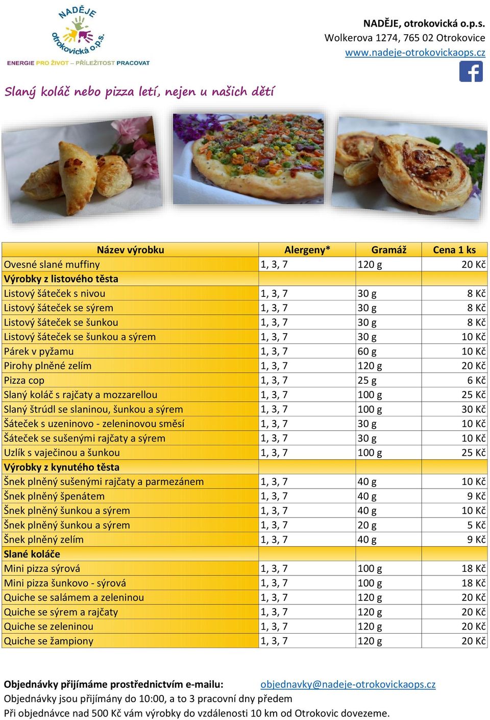 7 120 g 20 Kč Pizza cop 1, 3, 7 25 g 6 Kč Slaný koláč s rajčaty a mozzarellou 1, 3, 7 100 g 25 Kč Slaný štrúdl se slaninou, šunkou a sýrem 1, 3, 7 100 g 30 Kč Šáteček s uzeninovo - zeleninovou směsí