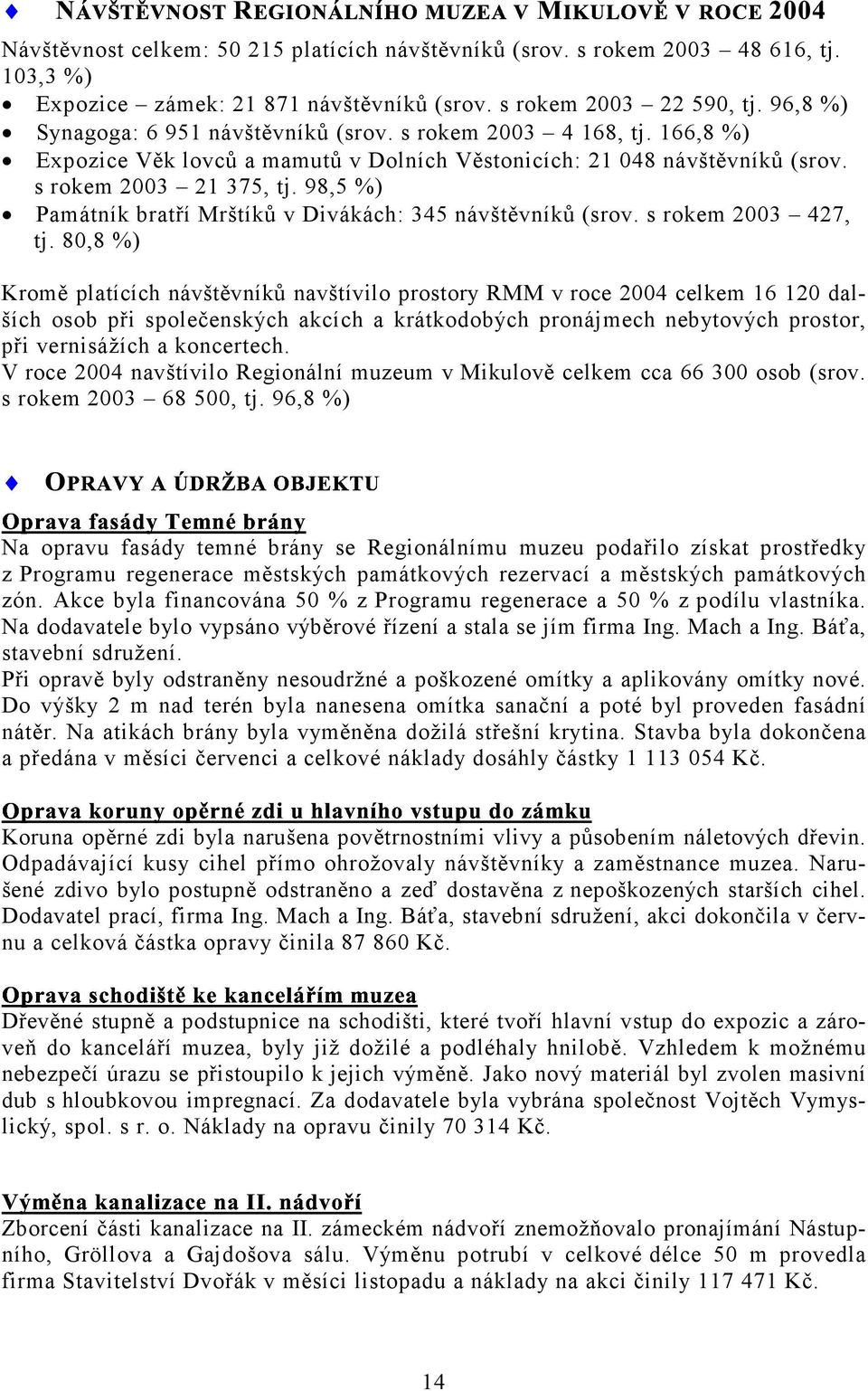 98,5 %) Památník bratří Mrštíků v Divákách: 345 návštěvníků (srov. s rokem 2003 427, tj.