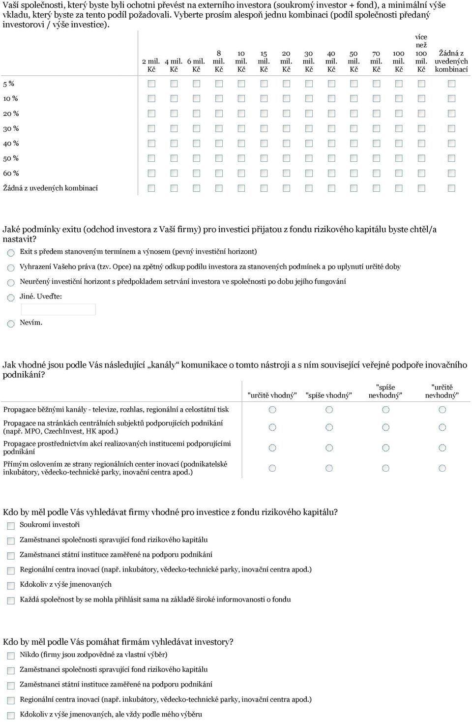 5 % 10 % 20 % 30 % 40 % 50 % 60 % Žádná z uvedených kombinací 2 4 6 8 10 15 20 30 40 50 70 100 více než 100 Žádná z uvedených kombinací Jaké podmínky exitu (odchod investora z Vaší firmy) pro