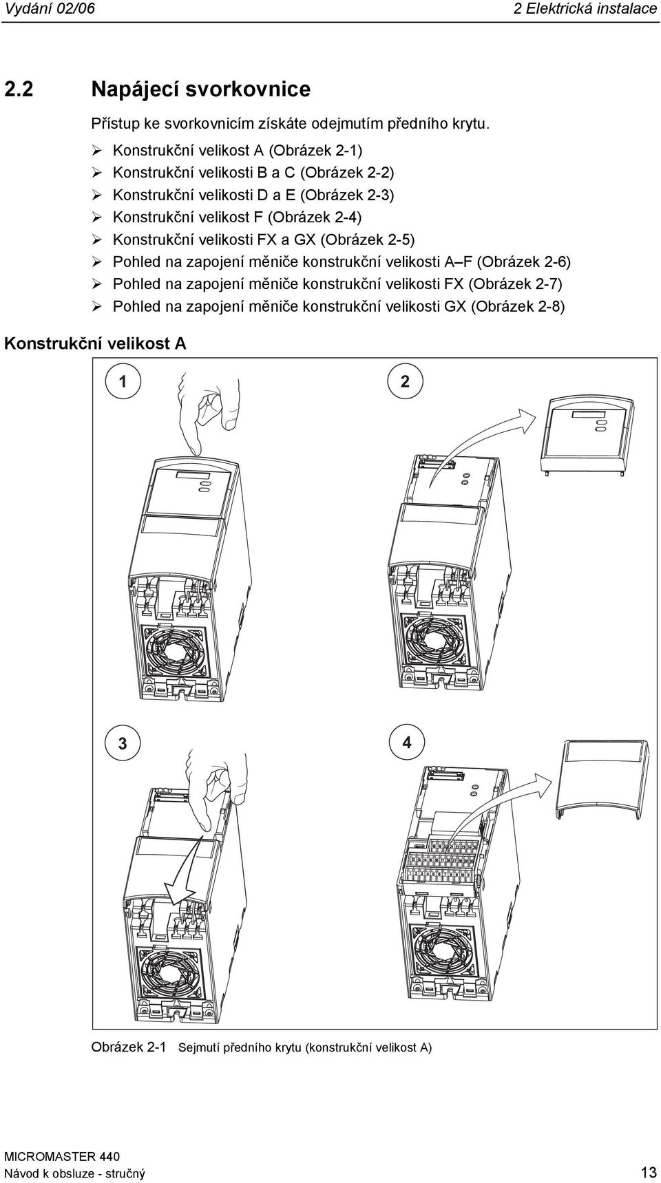 Konstrukční velikosti FX a GX (Obrázek 2-5) Pohled na zapojení měniče konstrukční velikosti A F (Obrázek 2-6) Pohled na zapojení měniče konstrukční velikosti