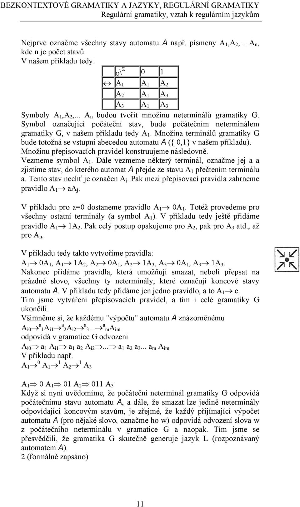 Symbol označující počáteční stav, bude počátečním neterminálem gramatiky G, v našem příkladu tedy A 1.