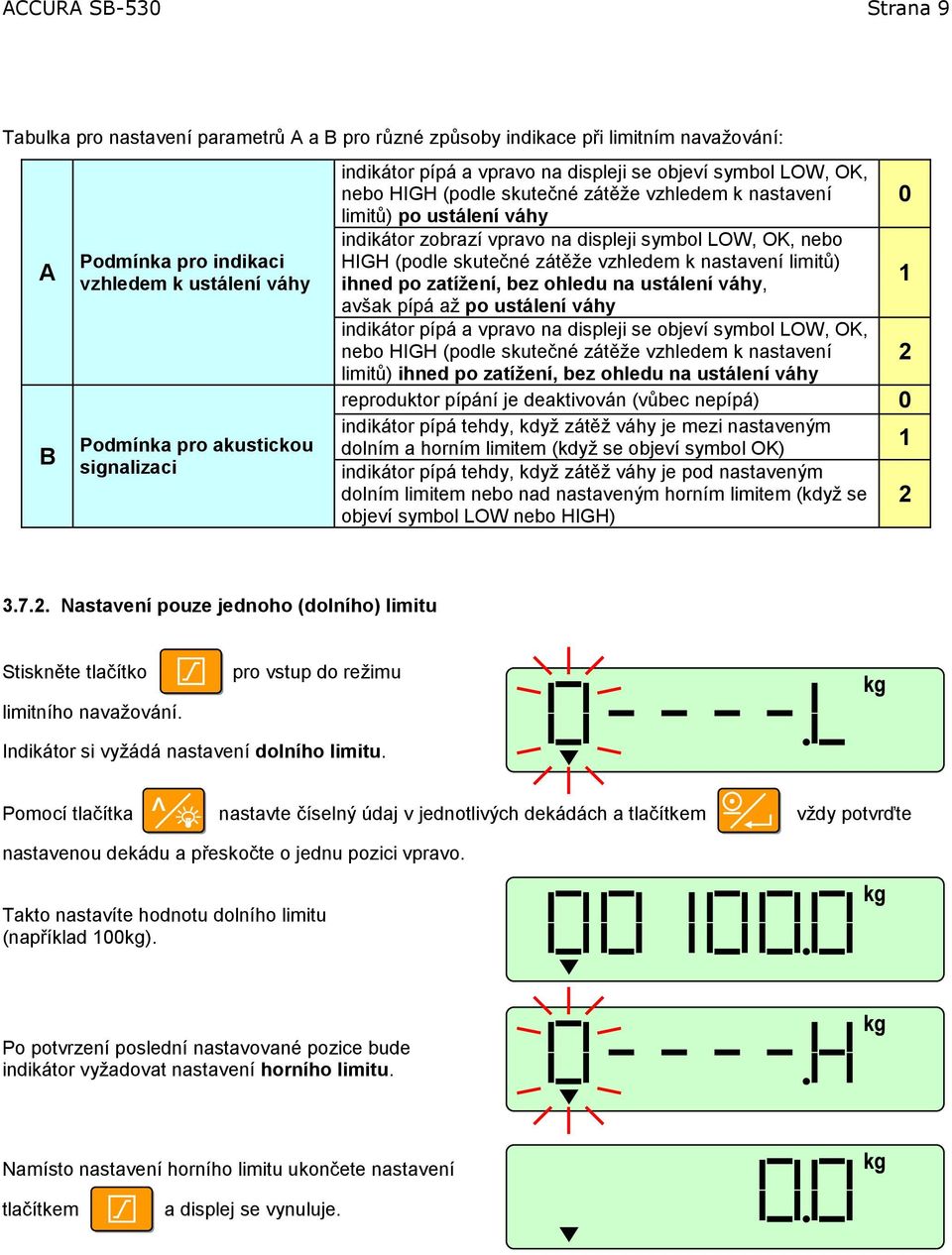 nebo HIGH (podle skutečné zátěže vzhledem k nastavení limitů) ihned po zatíţení, bez ohledu na ustálení váhy, 1 avšak pípá až po ustálení váhy indikátor pípá a vpravo na displeji se objeví symbol