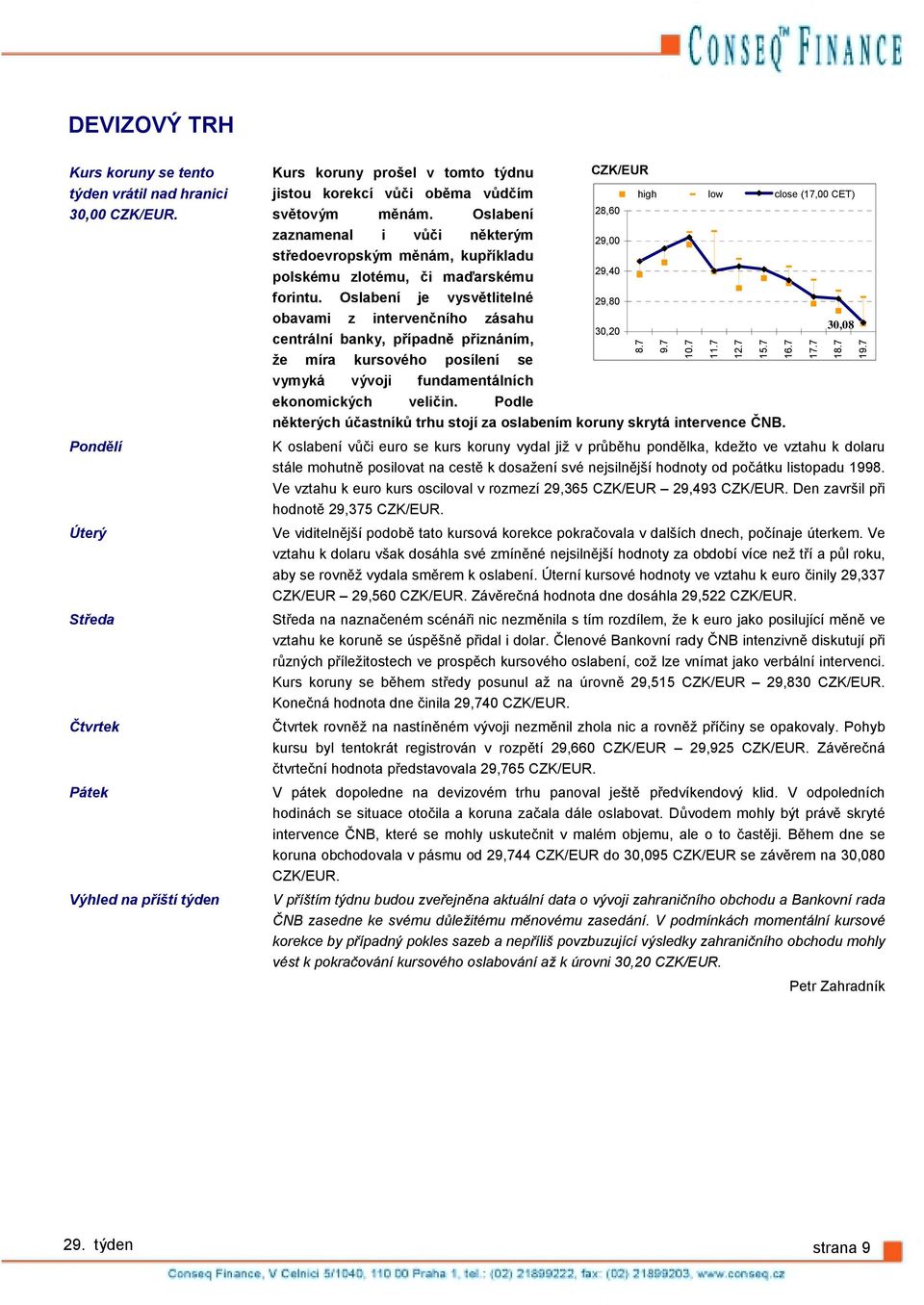 Oslabení zaznamenal i vůči některým 29, středoevropským měnám, kupříkladu 29,4 polskému zlotému, či maďarskému forintu.