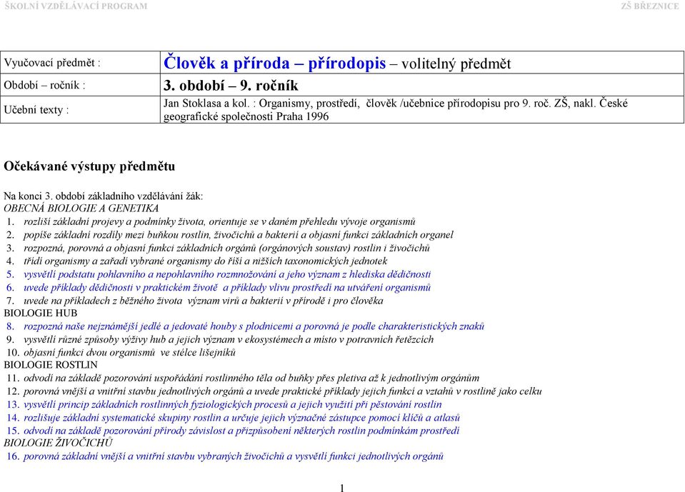 rozliší základní projevy a podmínky života, orientuje se v daném přehledu vývoje organismů 2. popíše základní rozdíly mezi buňkou rostlin, živočichů a bakterií a objasní funkci základních organel 3.