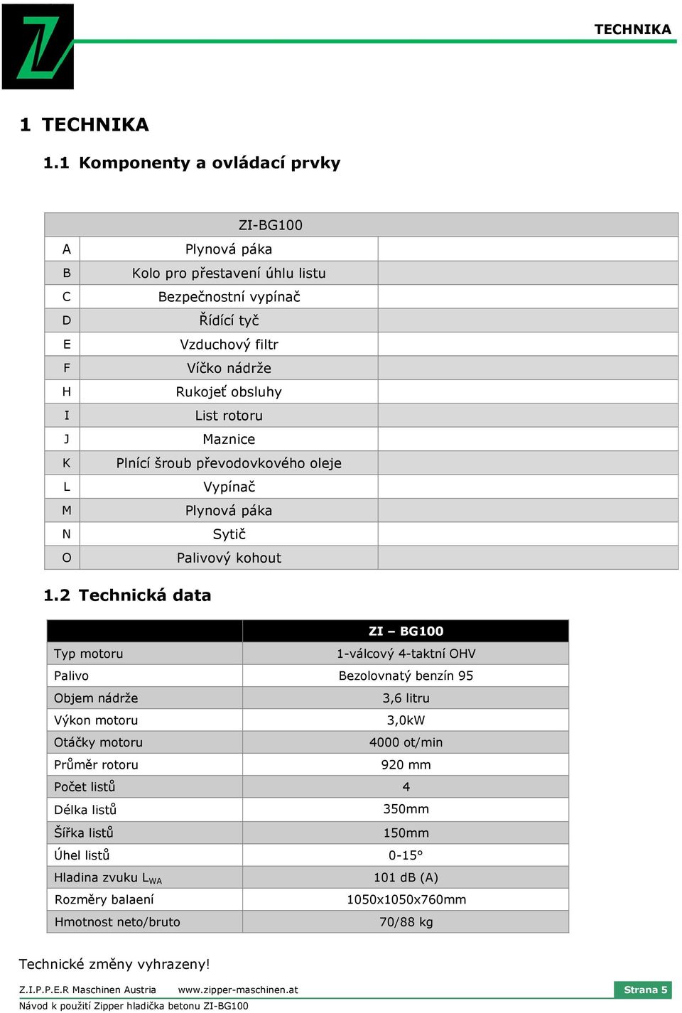 obsluhy List rotoru Maznice Plnící šroub převodovkového oleje Vypínač Plynová páka Sytič Palivový kohout 1.