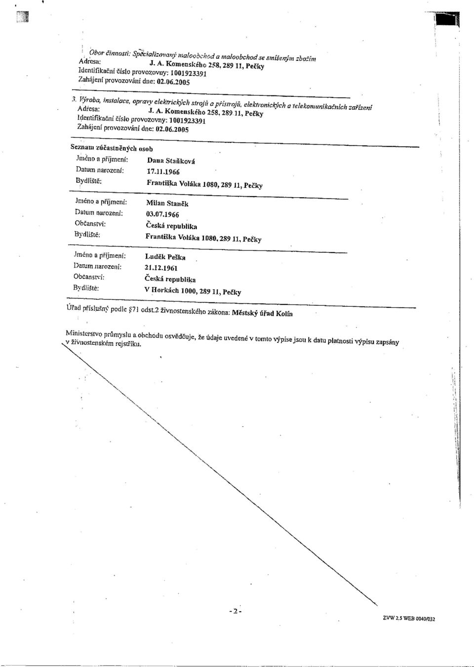 11, Pečky Identifikační číslo provozovny: 1001923391 Zahájení provozováni dne: 02.06.2005. Seznam Zúčastněných osob - Jméno a příjmení; Dutin Staňková Datum narození; 17.11.1966 Bydliště; Františka Voláka 1080, 289 11,Pečky Jméno a příjmení; Milan Staněk Datum narozeni 03.