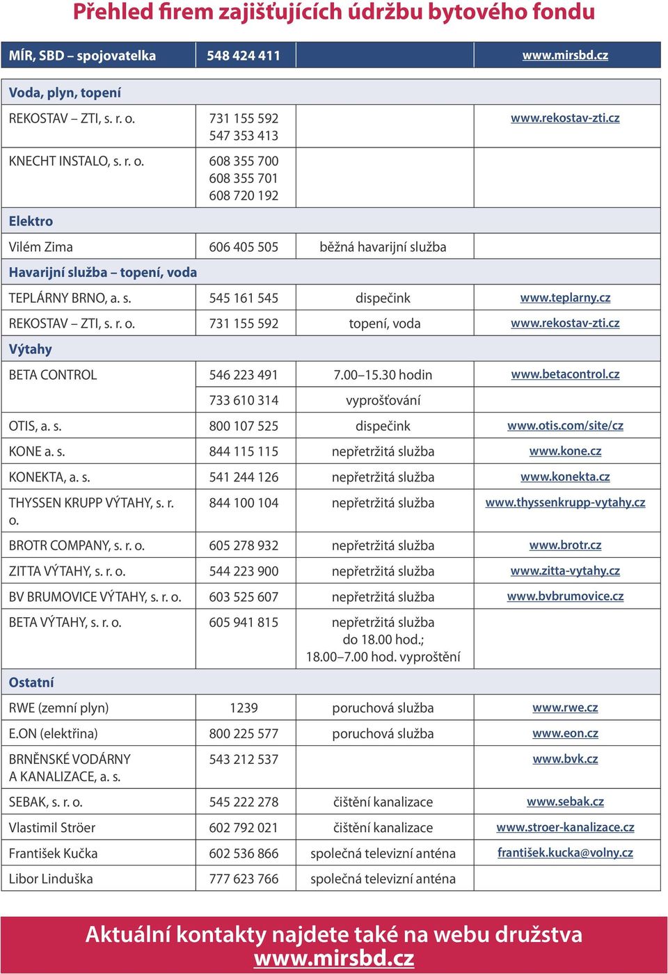 cz TEPLÁRNY BRNO, a. s. 545 161 545 dispečink www.teplarny.cz REKOSTAV ZTI, s. r. o. 731 155 592 topení, voda www.rekostav-zti.cz Výtahy BETA CONTROL 546 223 491 7.00 15.30 hodin www.betacontrol.