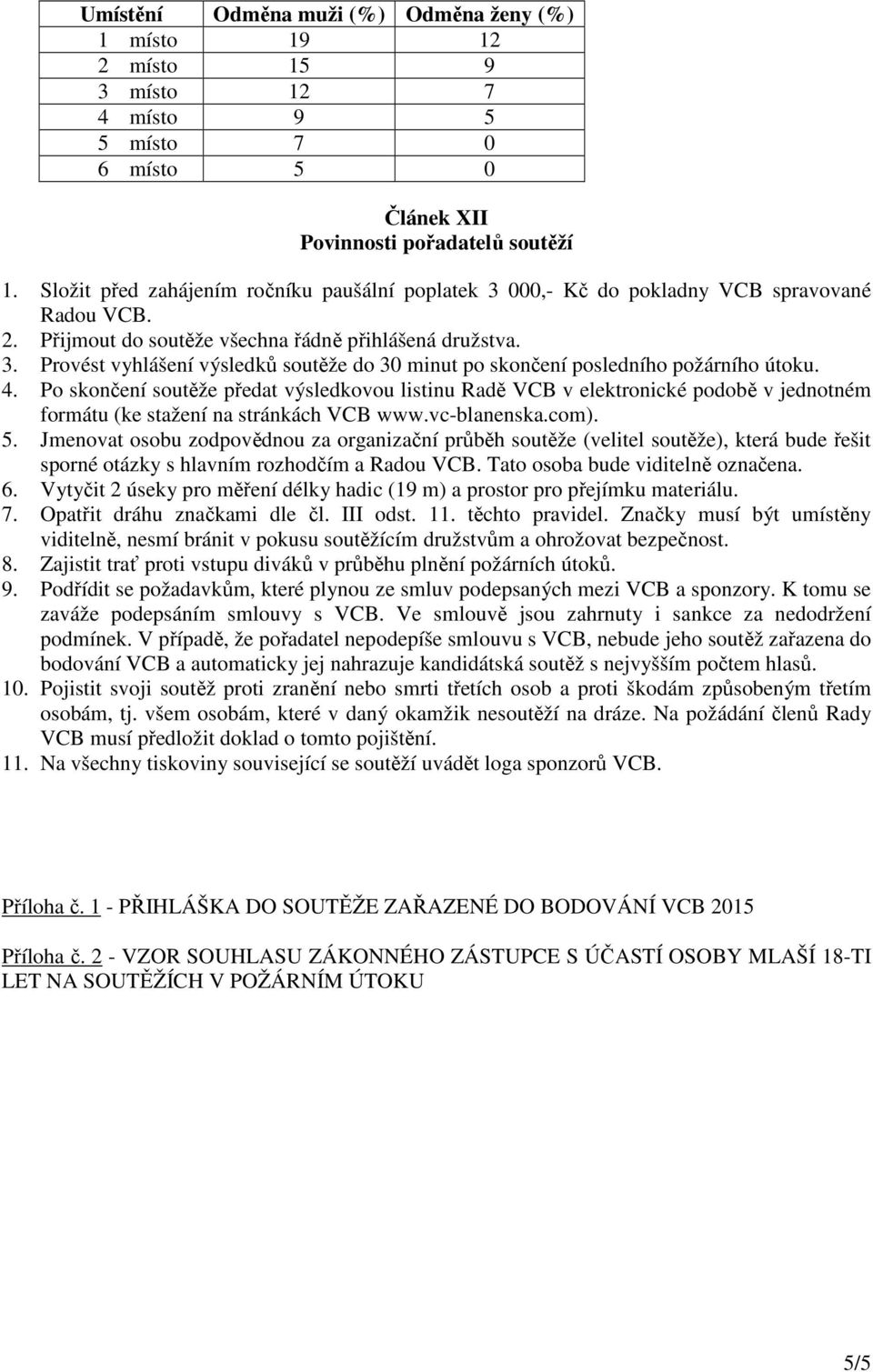 4. Po skončení soutěže předat výsledkovou listinu Radě VCB v elektronické podobě v jednotném formátu (ke stažení na stránkách VCB www.vc-blanenska.com). 5.