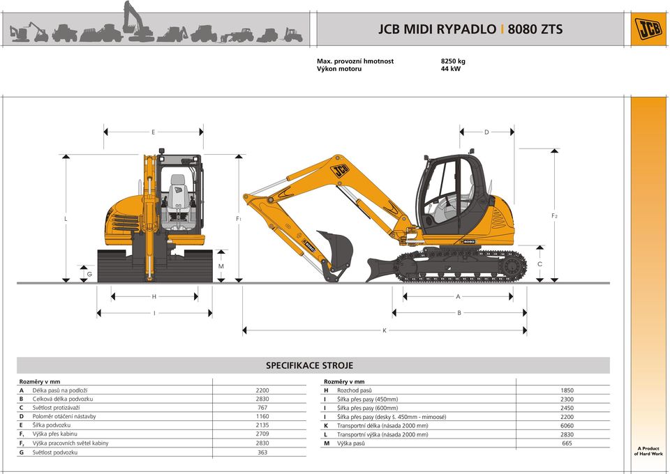 pracovních světel kabiny 830 G Světlost podvozku 363 Rozměry v mm H Rozchod pasů 1850 I Šířka přes pasy (450mm) 300 I Šířka přes pasy (600mm)
