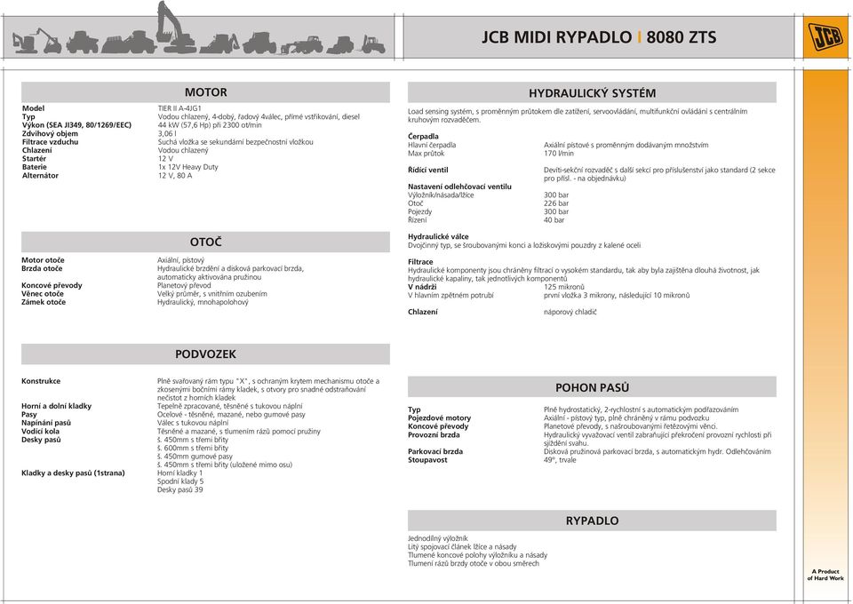 Axiální, pístový Hydraulické brzdění a disková parkovací brzda, automaticky aktivována pružinou Planetový převod Velký průměr, s vnitřním ozubením Hydraulický, mnohapolohový Load sensing systém, s