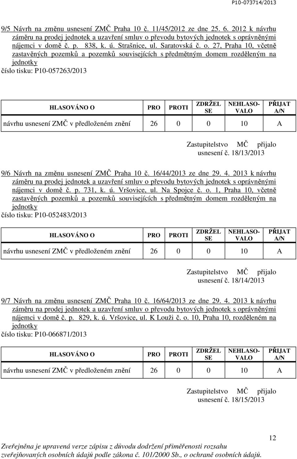 27, Praha 10, včetně zastavěných pozemků a pozemků souvisejících s předmětným domem rozděleným na jednotky číslo tisku: P10-057263/2013 návrhu usnesení ZMČ v předloženém znění 26 0 0 10 A usnesení č.