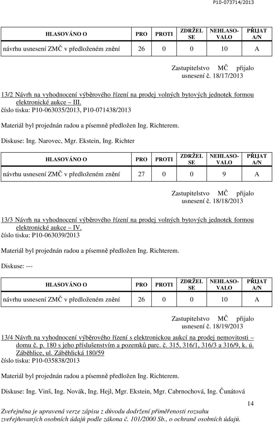 Richter návrhu usnesení ZMČ v předloženém znění 27 0 0 9 A usnesení č. 18/18/2013 13/3 Návrh na vyhodnocení výběrového řízení na prodej volných bytových jednotek formou elektronické aukce IV.