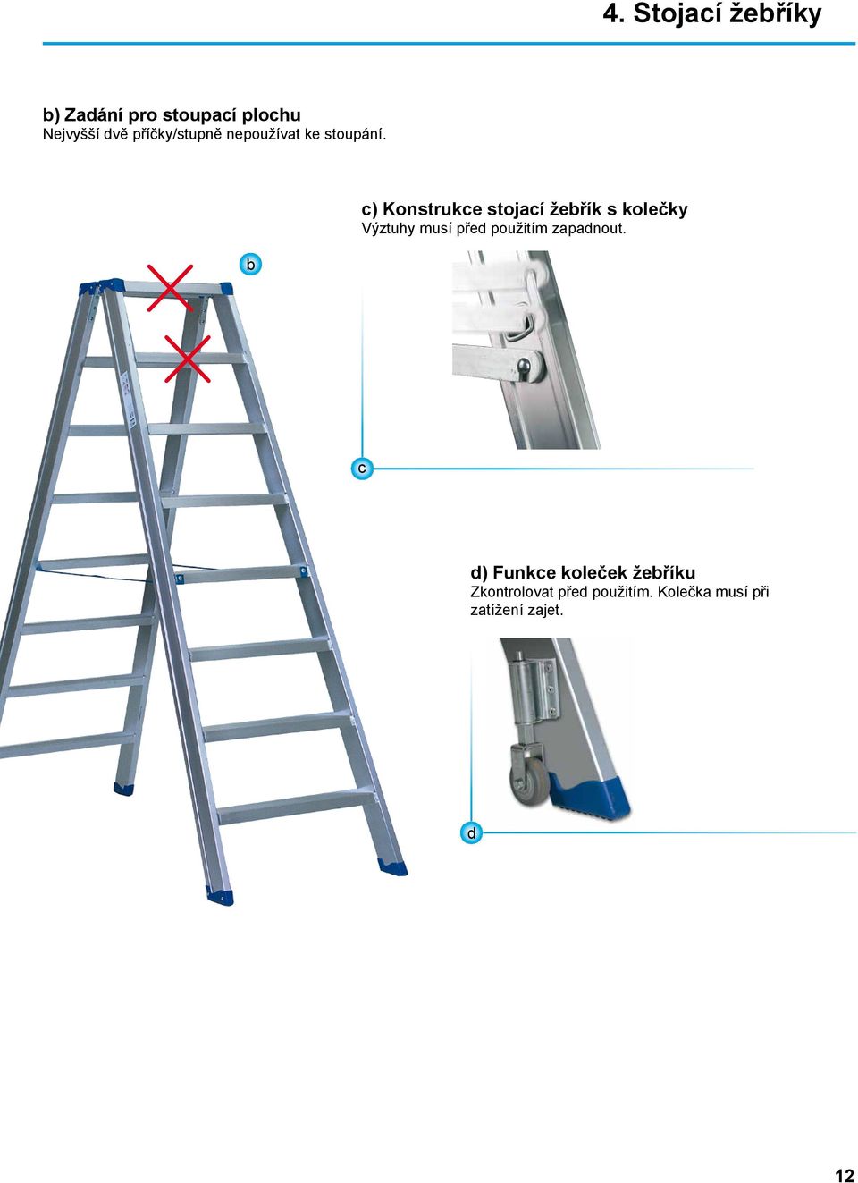 b c) Konstrukce stojací žebřík s kolečky Výztuhy musí před použitím