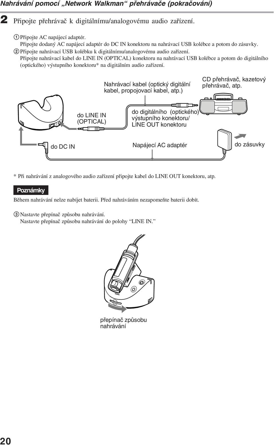 Připojte nahrávací kabel do LINE IN (OPTICAL) konektoru na nahrávací USB kolébce a potom do digitálního (optického) výstupního konektoru* na digitálním audio zařízení.