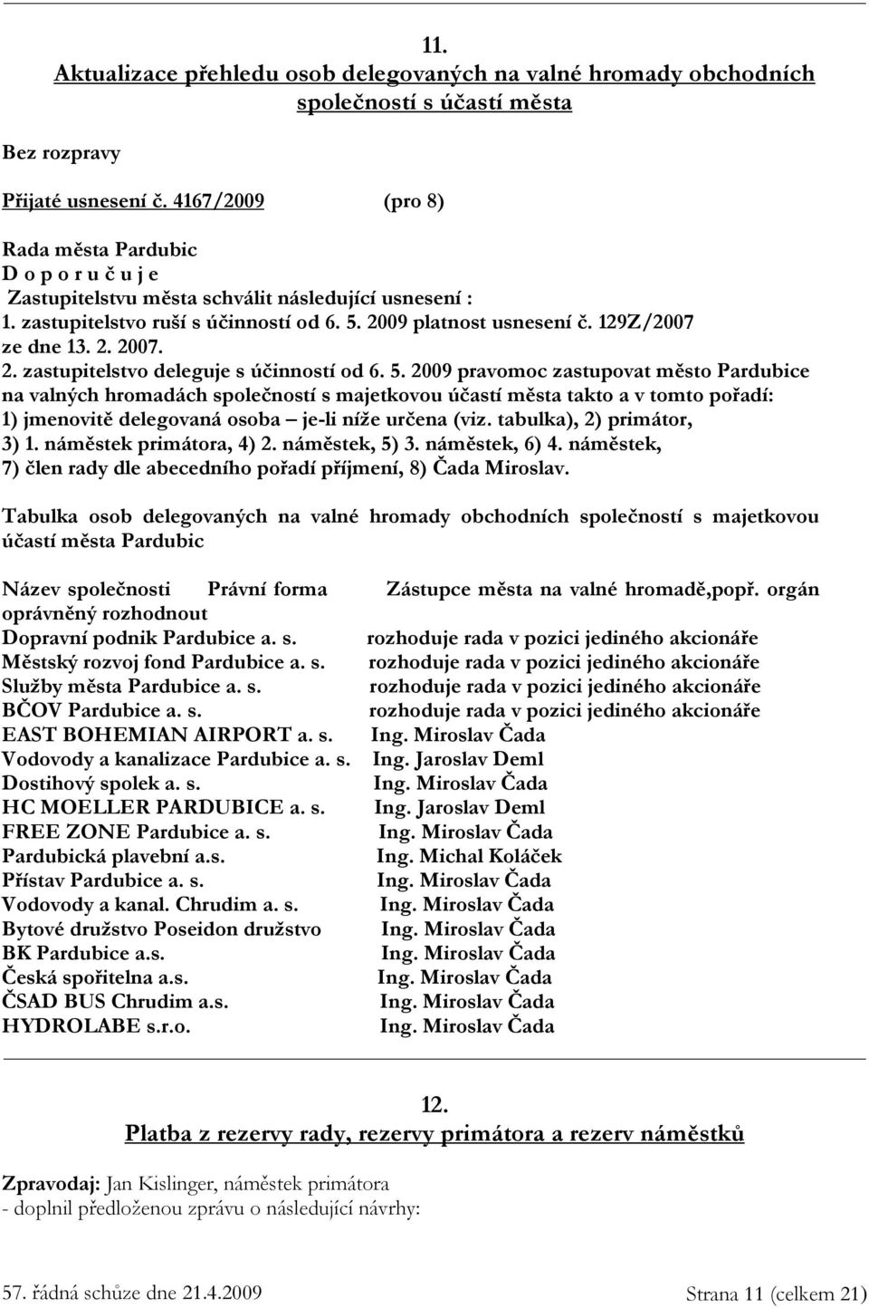 2009 platnost usnesení č. 129Z/2007 ze dne 13. 2. 2007. 2. zastupitelstvo deleguje s účinností od 6. 5.