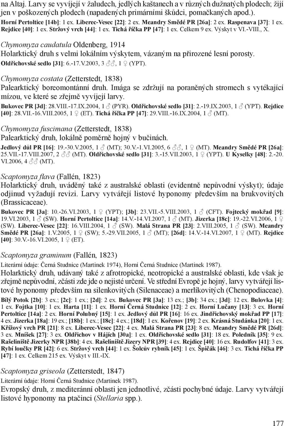 Chymomyza caudatula Oldenberg, 1914 Holarktický druh s velmi lokálním výskytem, vázaným na přirozené lesní porosty. Oldřichovské sedlo [31]: 6.-17.V.2003, 3, 1 (YPT).