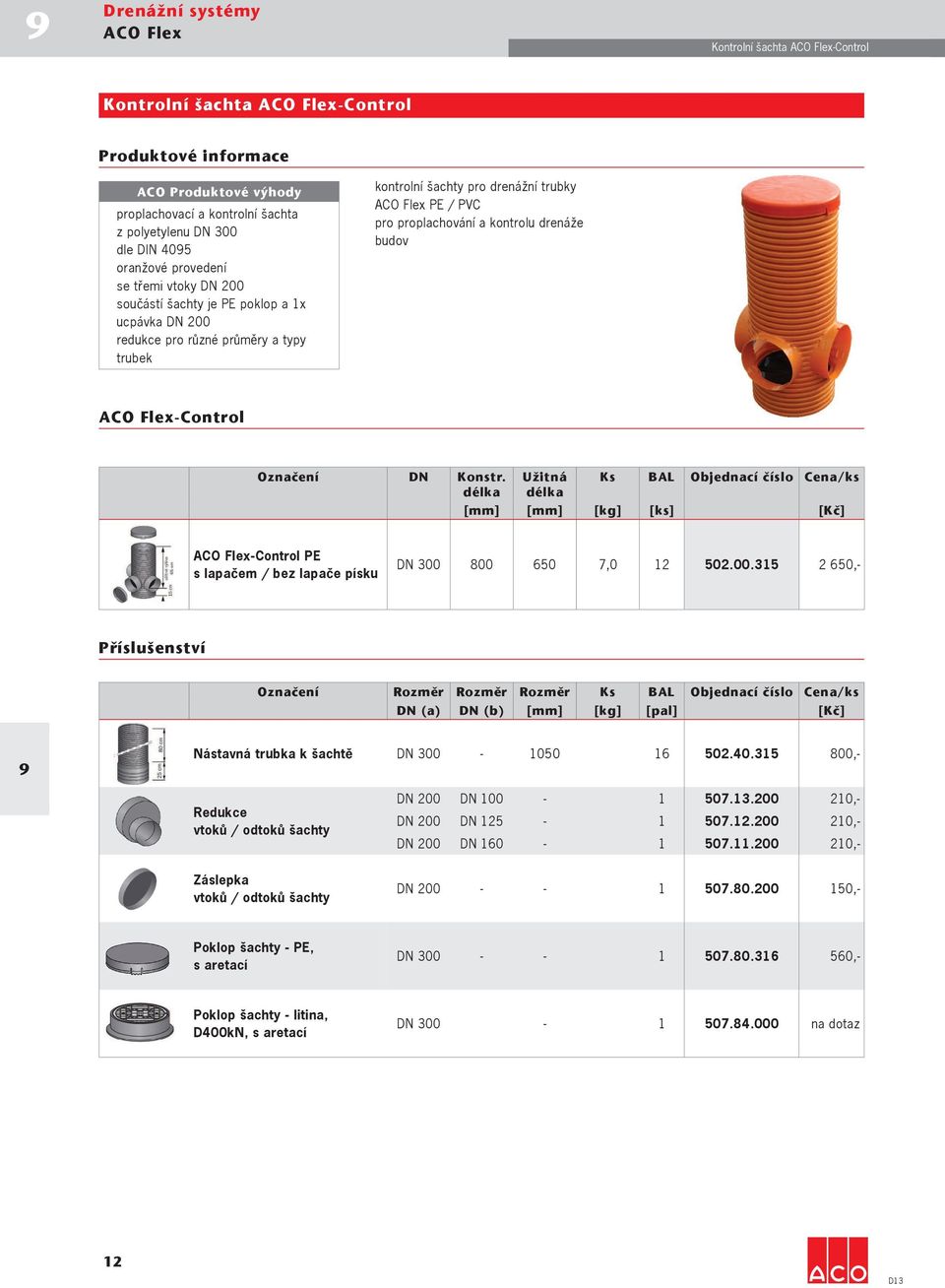 kontrolu drenáže budov ACO Flex-Control Označení DN Konstr.