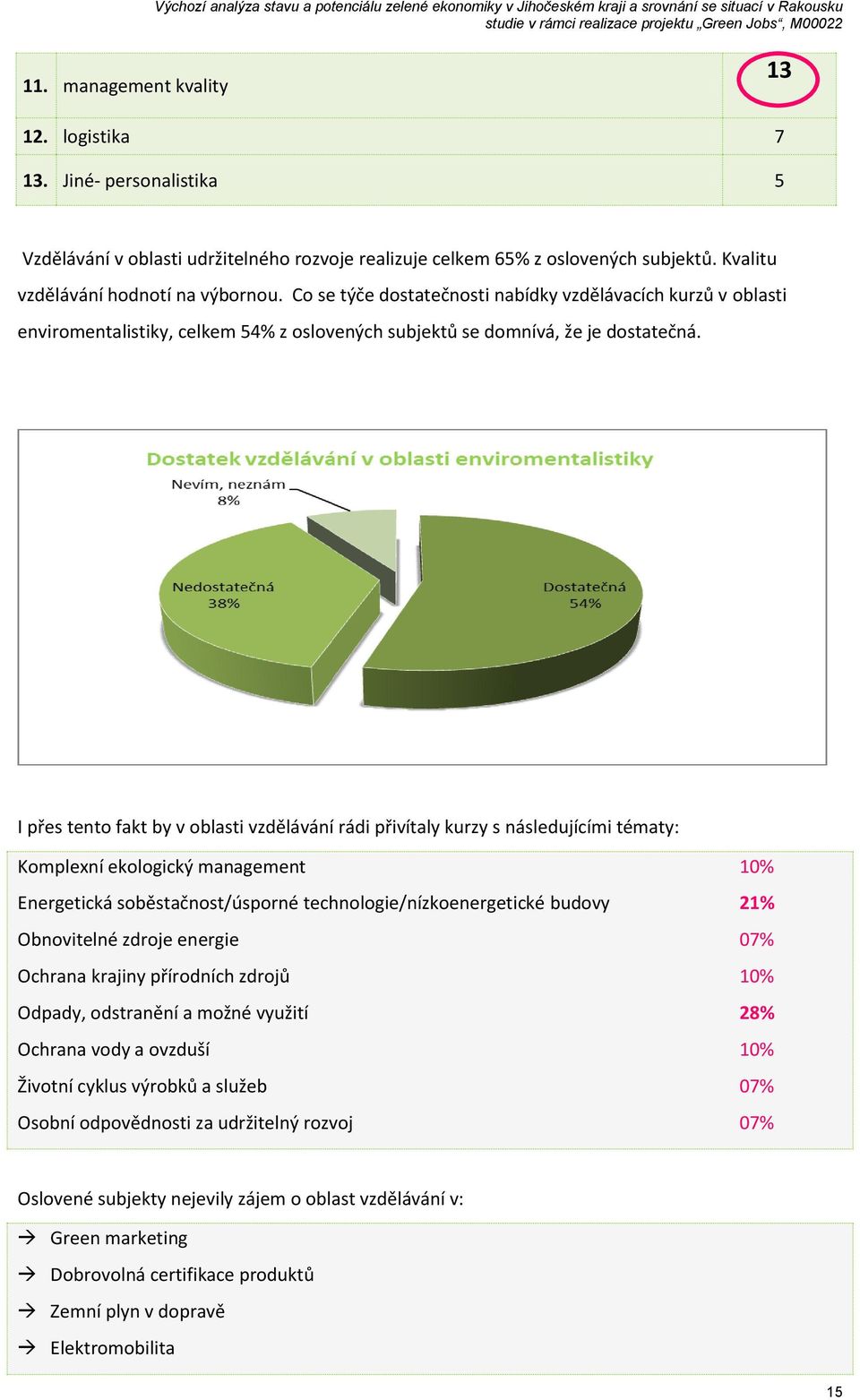 Co se týče dostatečnosti nabídky vzdělávacích kurzů v oblasti enviromentalistiky, celkem 54% z oslovených subjektů se domnívá, že je dostatečná.