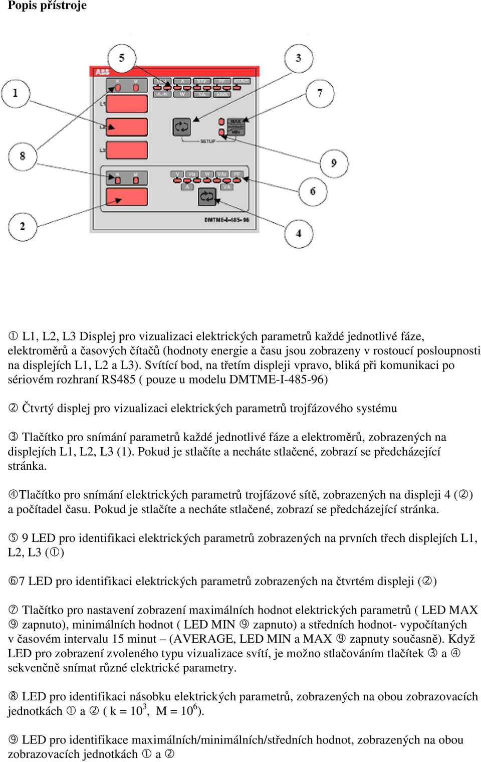 Tlaítko pro snímání parametr každé jednotlivé fáze a elektromr, zobrazených na displejích L1, L2, L3 (1). Pokud je stlaíte a necháte stlaené, zobrazí se pedcházející stránka.