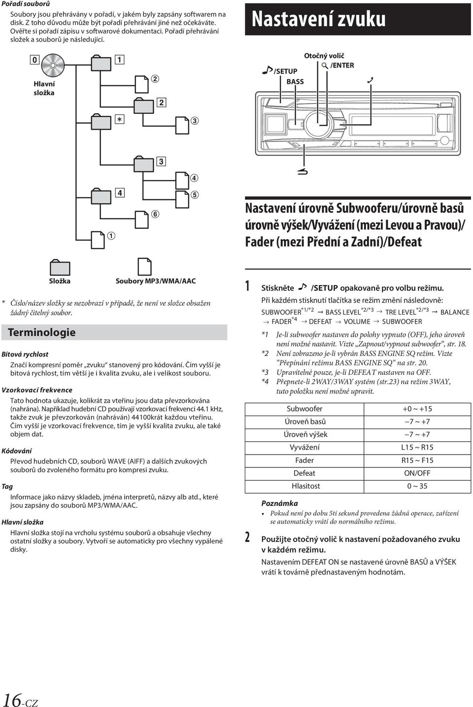 Hlavní složka Nastavení zvuku Otočný volič /ENTER /SETUP BASS Nastavení úrovně Subwooferu/úrovně basů úrovně výšek/vyvážení (mezi Levou a Pravou)/ Fader (mezi Přední a Zadní)/Defeat Složka *