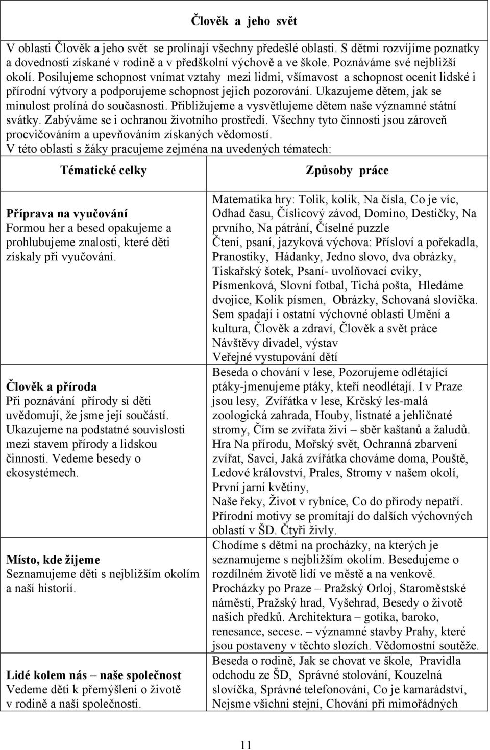 Ukazujeme dětem, jak se minulost prolíná do současnosti. Přibližujeme a vysvětlujeme dětem naše významné státní svátky. Zabýváme se i ochranou životního prostředí.