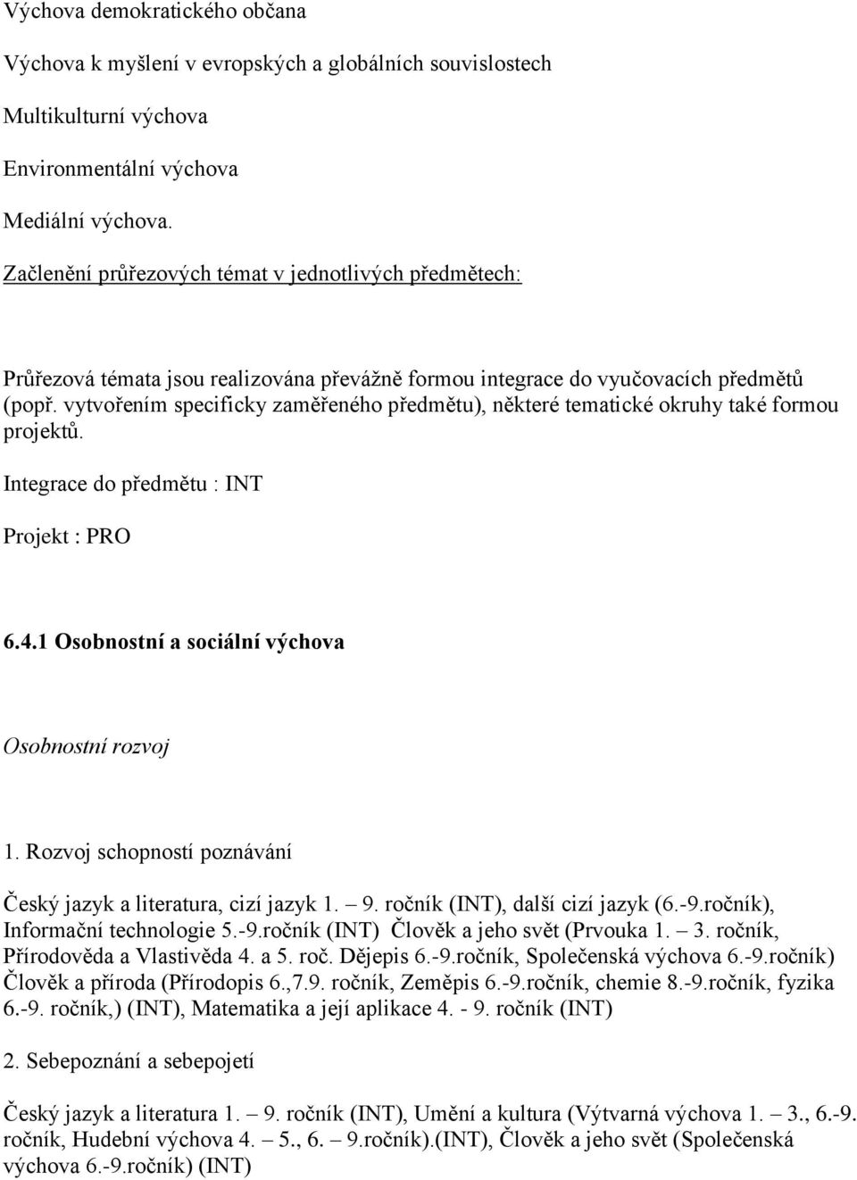 vytvořením specificky zaměřeného předmětu), některé tematické okruhy také formou projektů. Integrace do předmětu : INT Projekt : PRO 6.4.1 Osobnostní a sociální výchova Osobnostní rozvoj 1.