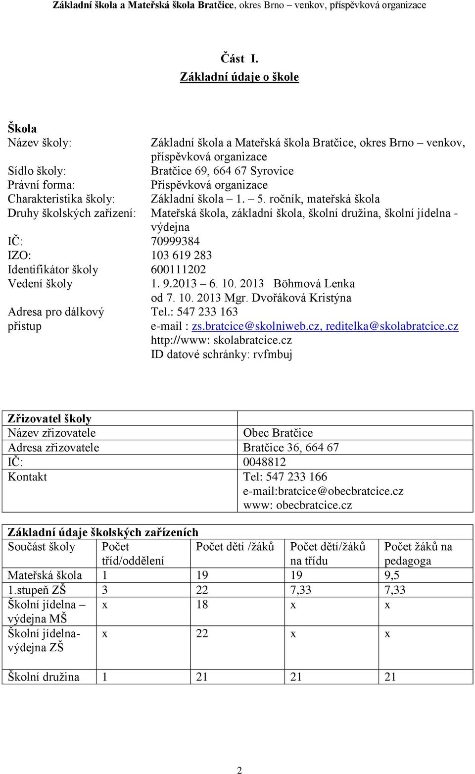 pro dálkový přístup Základní škola a Mateřská škola Bratčice, okres Brno venkov, příspěvková organizace Bratčice 69, 664 67 Syrovice Příspěvková organizace Základní škola 1. 5.