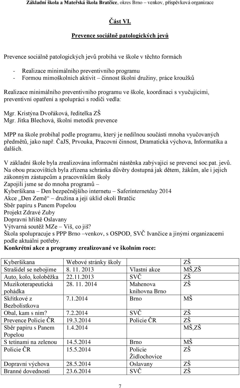 družiny, práce kroužků Realizace minimálního preventivního programu ve škole, koordinaci s vyučujícími, preventivní opatření a spolupráci s rodiči vedla: Mgr. Kristýna Dvořáková, ředitelka ZŠ Mgr.