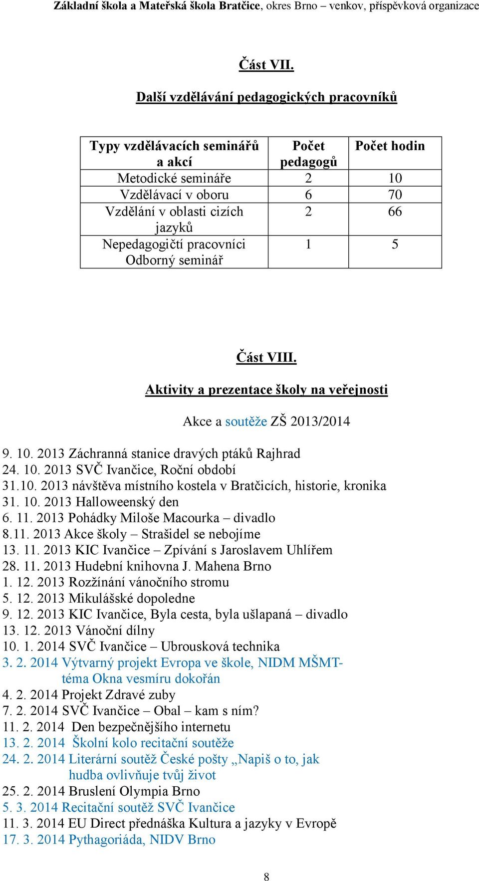 Nepedagogičtí pracovníci Odborný seminář 1 5 Část VIII. Aktivity a prezentace školy na veřejnosti Akce a soutěže ZŠ 2013/2014 9. 10. 2013 Záchranná stanice dravých ptáků Rajhrad 24. 10. 2013 SVČ Ivančice, Roční období 31.