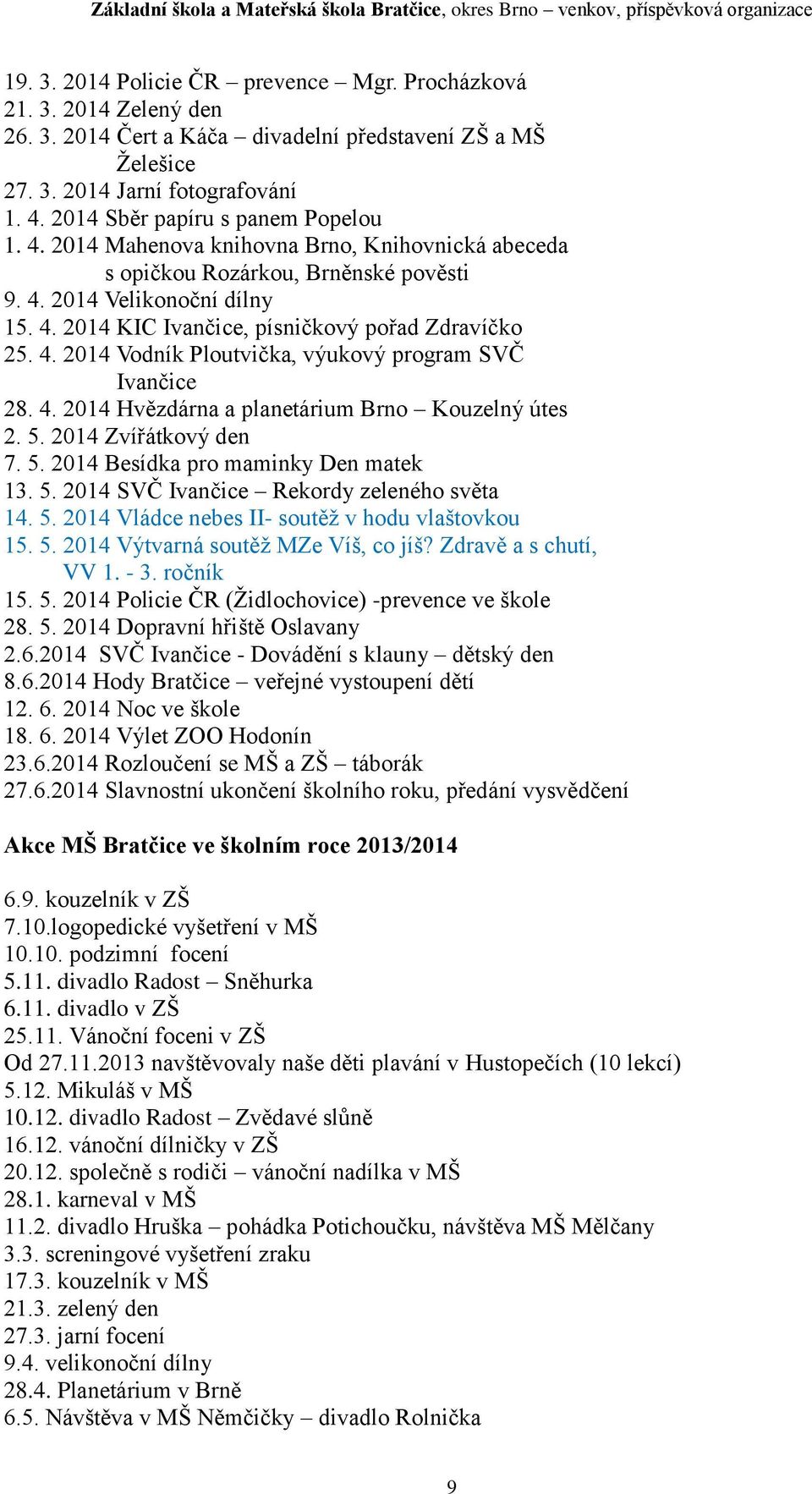 4. 2014 Vodník Ploutvička, výukový program SVČ Ivančice 28. 4. 2014 Hvězdárna a planetárium Brno Kouzelný útes 2. 5. 2014 Zvířátkový den 7. 5. 2014 Besídka pro maminky Den matek 13. 5. 2014 SVČ Ivančice Rekordy zeleného světa 14.