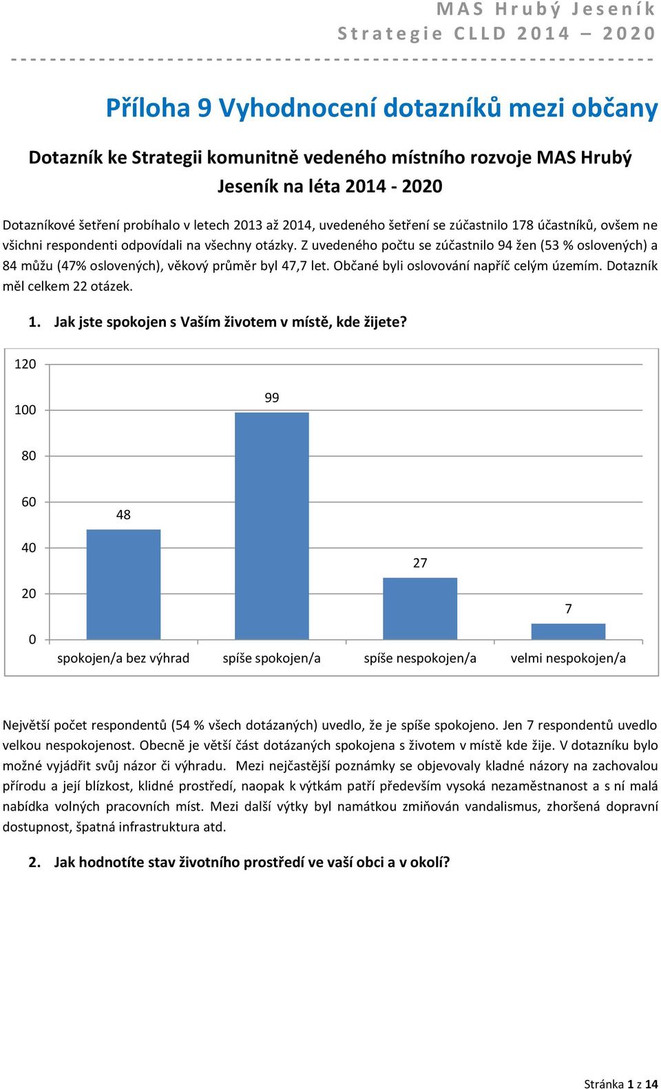 Z uvedeného počtu se zúčastnilo 94 žen (53 % oslovených) a 84 můžu (47% oslovených), věkový průměr byl 47,7 let. Občané byli oslovování napříč celým územím. Dotazník měl celkem 22 otázek. 1.