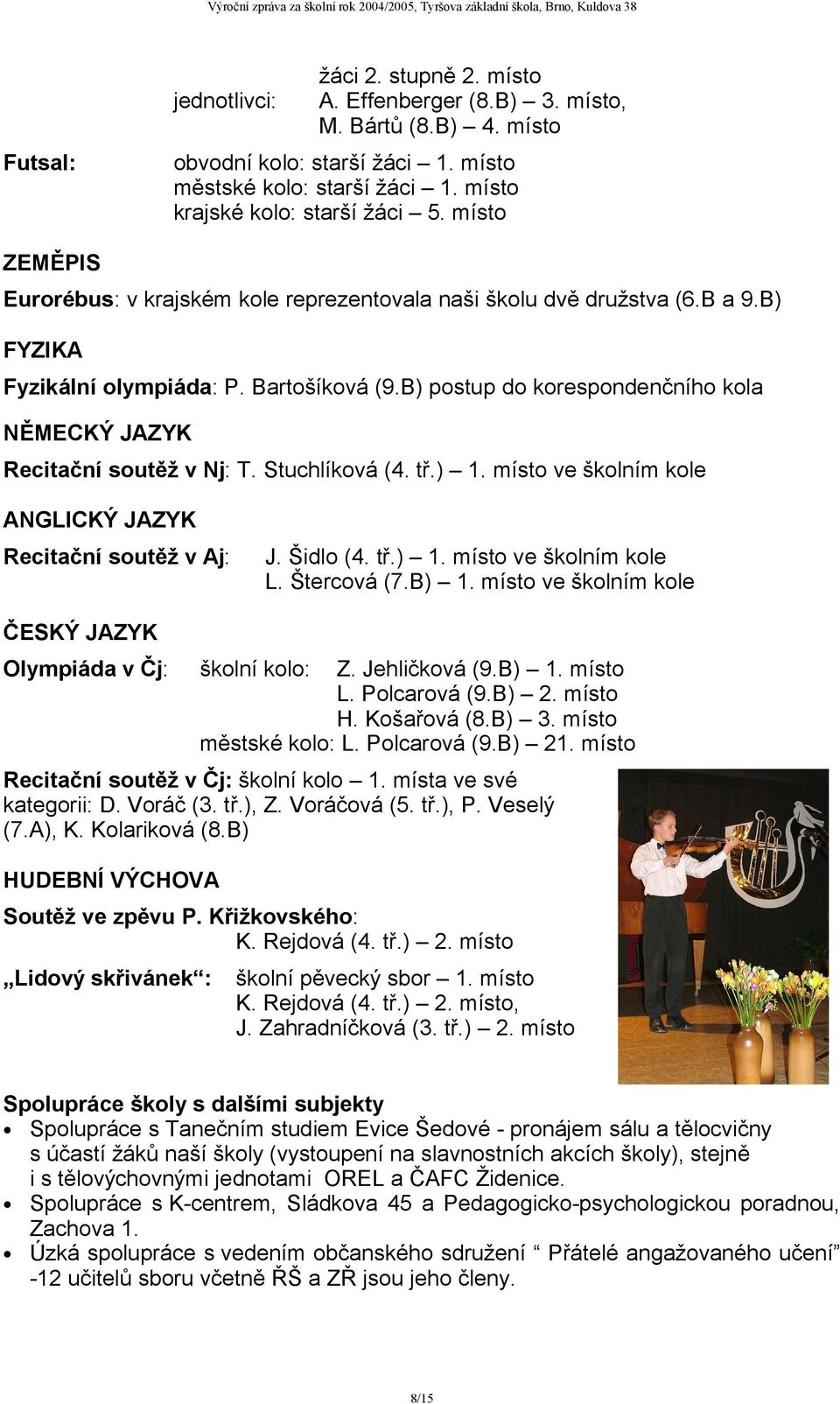 B) postup do korespondenčního kola NĚMECKÝ JAZYK Recitační soutěž v Nj: T. Stuchlíková (4. tř.) 1. místo ve školním kole ANGLICKÝ JAZYK Recitační soutěž v Aj: J. Šidlo (4. tř.) 1. místo ve školním kole L.