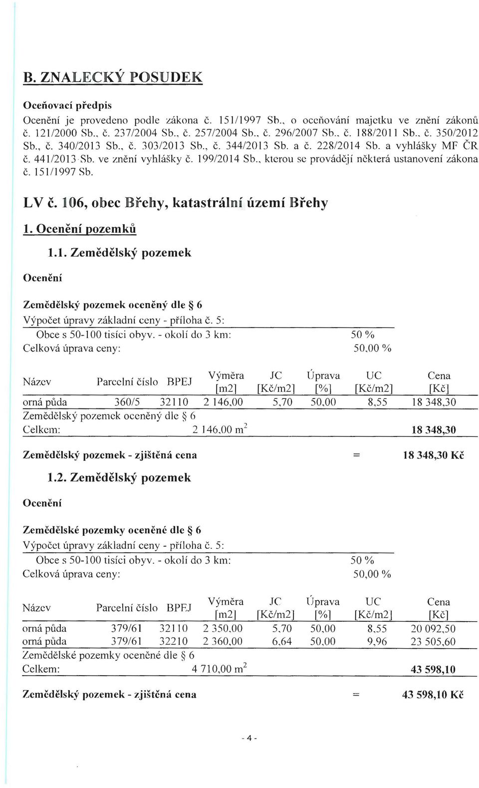 , kterou se provádějí některá ustanovení zákona č. 15111997 Sb. LV č. 106, obec Břehy, katastrální území Břehy 1. Ocenění pozemků 1.1. Zemědělský pozemek Ocenění Zemčdělský pozemek oceněný dle 6 Výpočet úpravy základní ceny - příloha č.