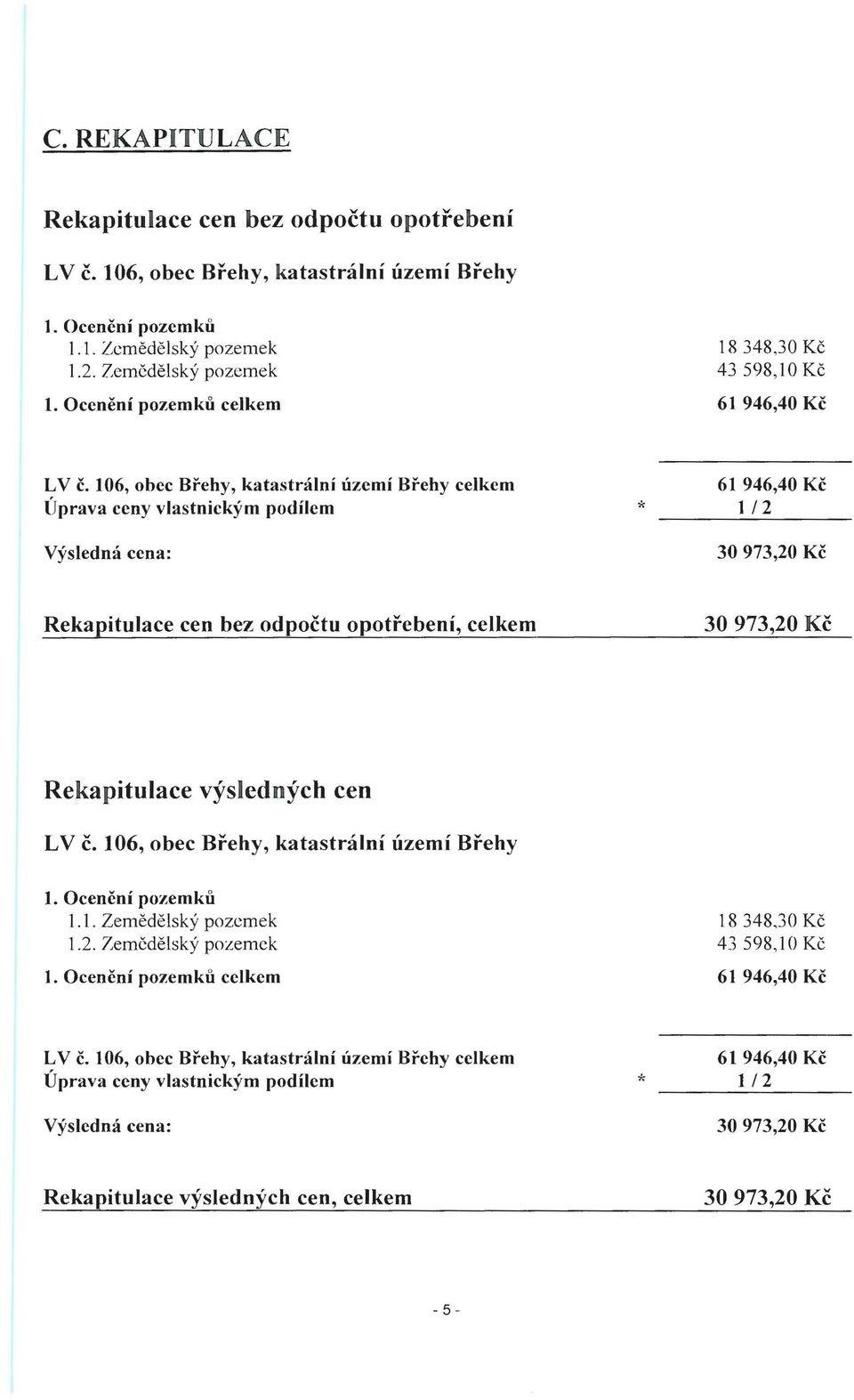 106, obec Břehy, katastrální území Břehy celkem Úprava ceny vlastnickým podílem Výsledná cena: * 61 946,40 Kč 1 /2 30 973,20 Kč Rekapitulace cen bez odpočtu opotřebení, celkem 30 973,20 Kč