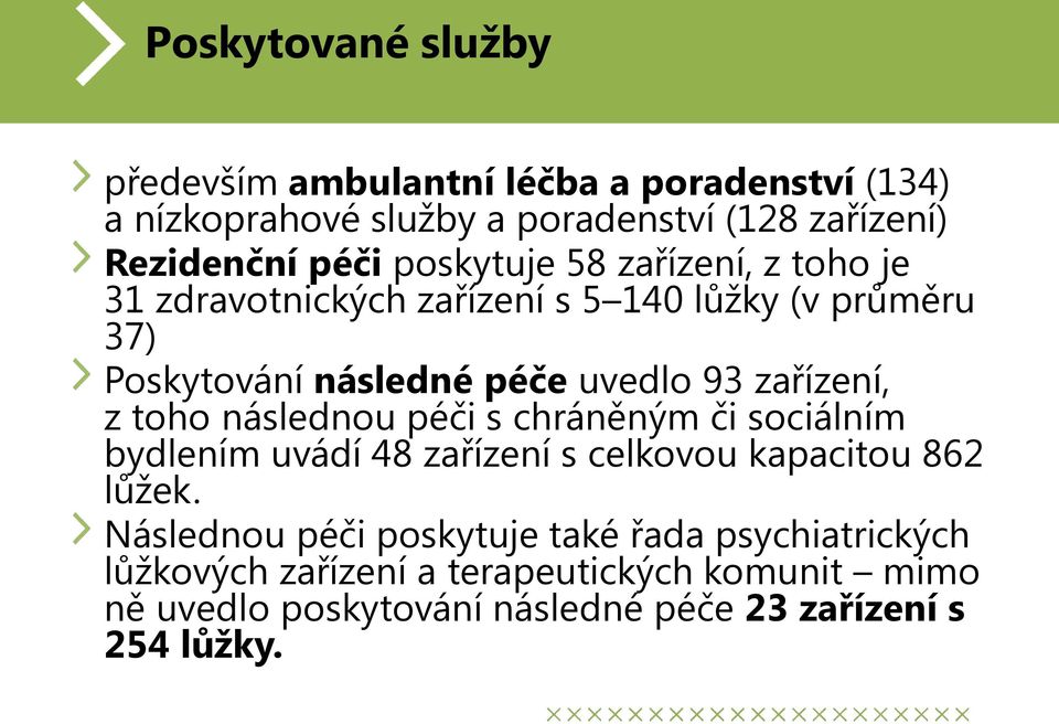 zařízení, z toho následnou péči s chráněným či sociálním bydlením uvádí 48 zařízení s celkovou kapacitou 862 lůžek.