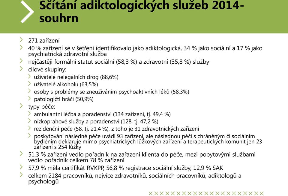 (58,3%) patologičtí hráči (50,9%) typy péče: ambulantní léčba a poradenství (134 zařízení, tj. 49,4 %) nízkoprahové služby a poradenství (128, tj. 47,2 %) rezidenční péče (58, tj.