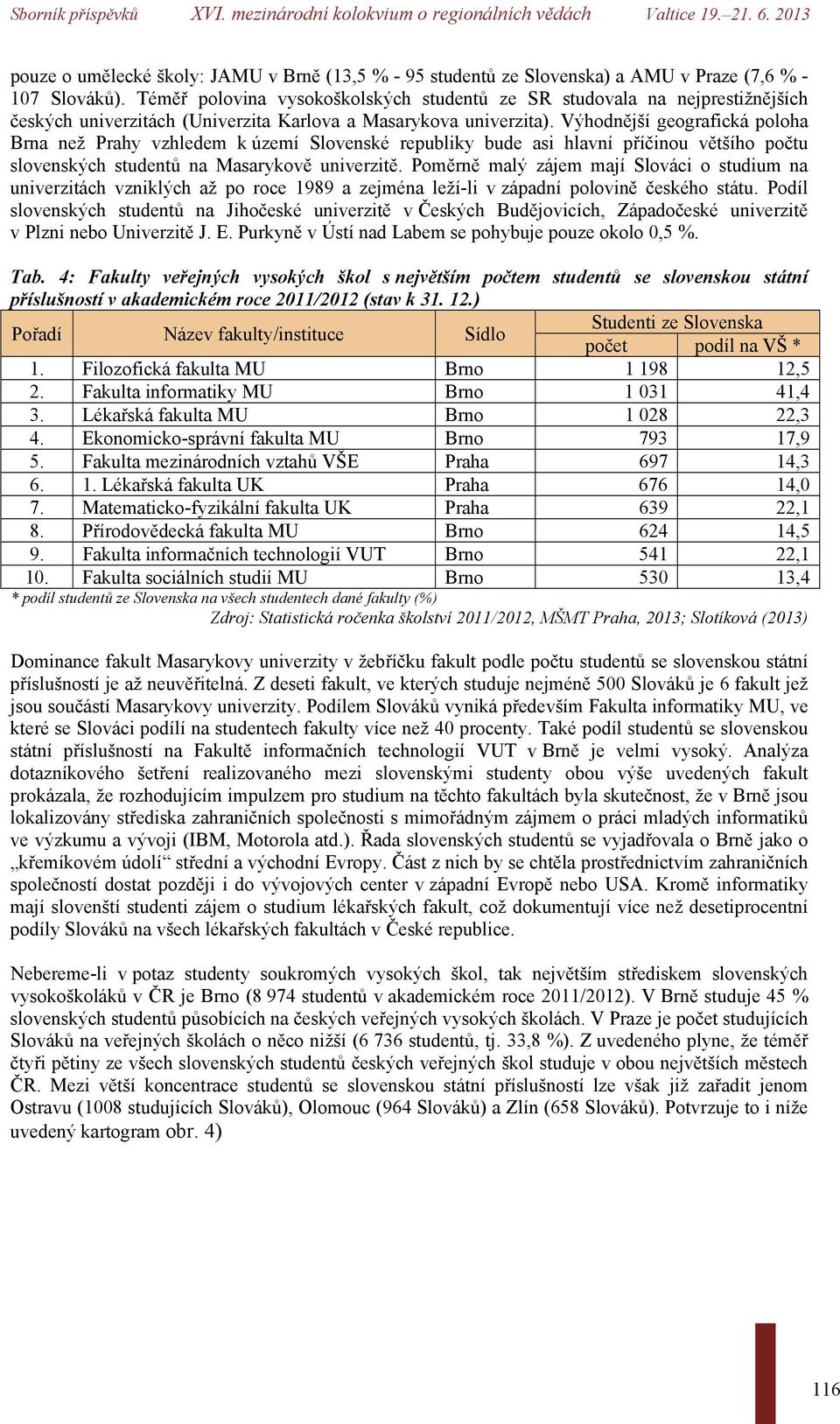 Výhodnější geografická poloha Brna než Prahy vzhledem k území Slovenské republiky bude asi hlavní příčinou většího počtu slovenských studentů na Masarykově univerzitě.