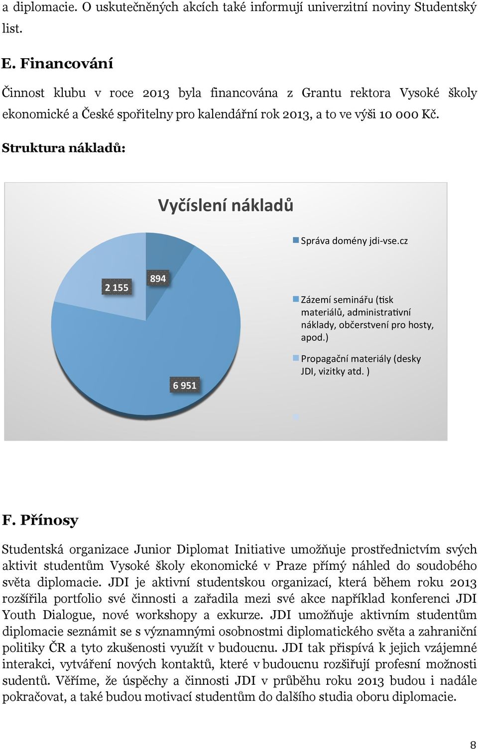 Struktura nákladů: Vyčíslení nákladů Správa dmény jdi- vse.cz 2 155 894 Zázemí seminářu (;sk materiálů, administra;vní náklady, bčerstvení pr hsty, apd.